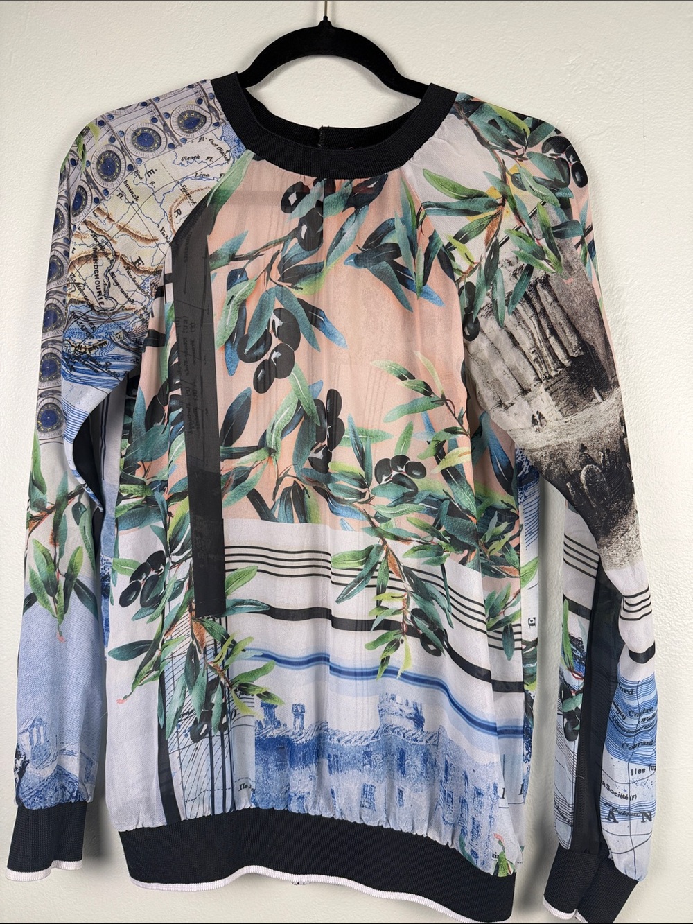 🫒Clover Canyon Santorini Printed Sheer Long Sleeve Top Accent Sweater Size Small